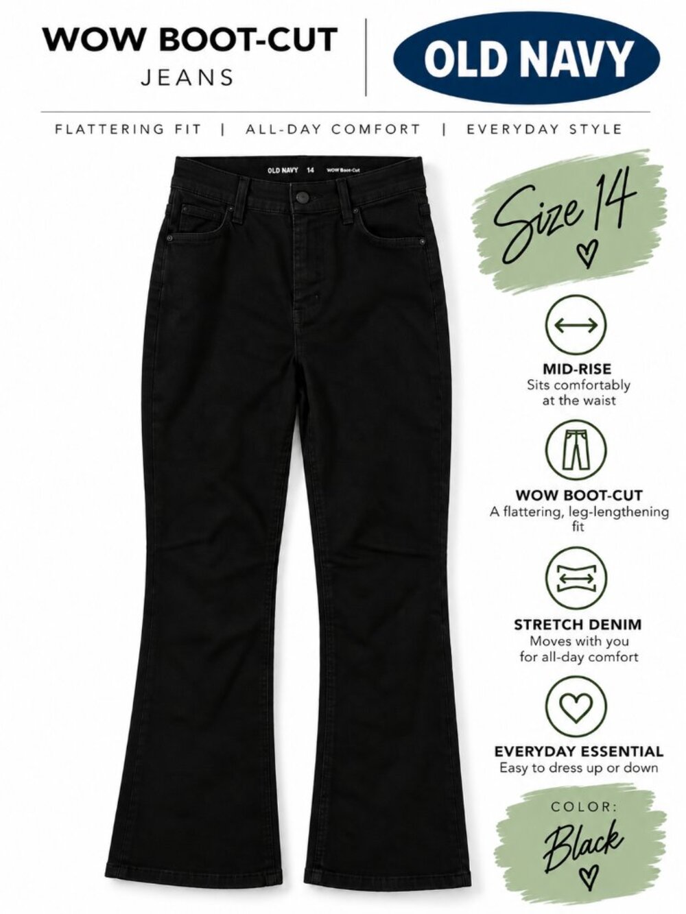 NWT Old Navy WOW Boot-Cut Jeans Black Size 14 Mid Rise